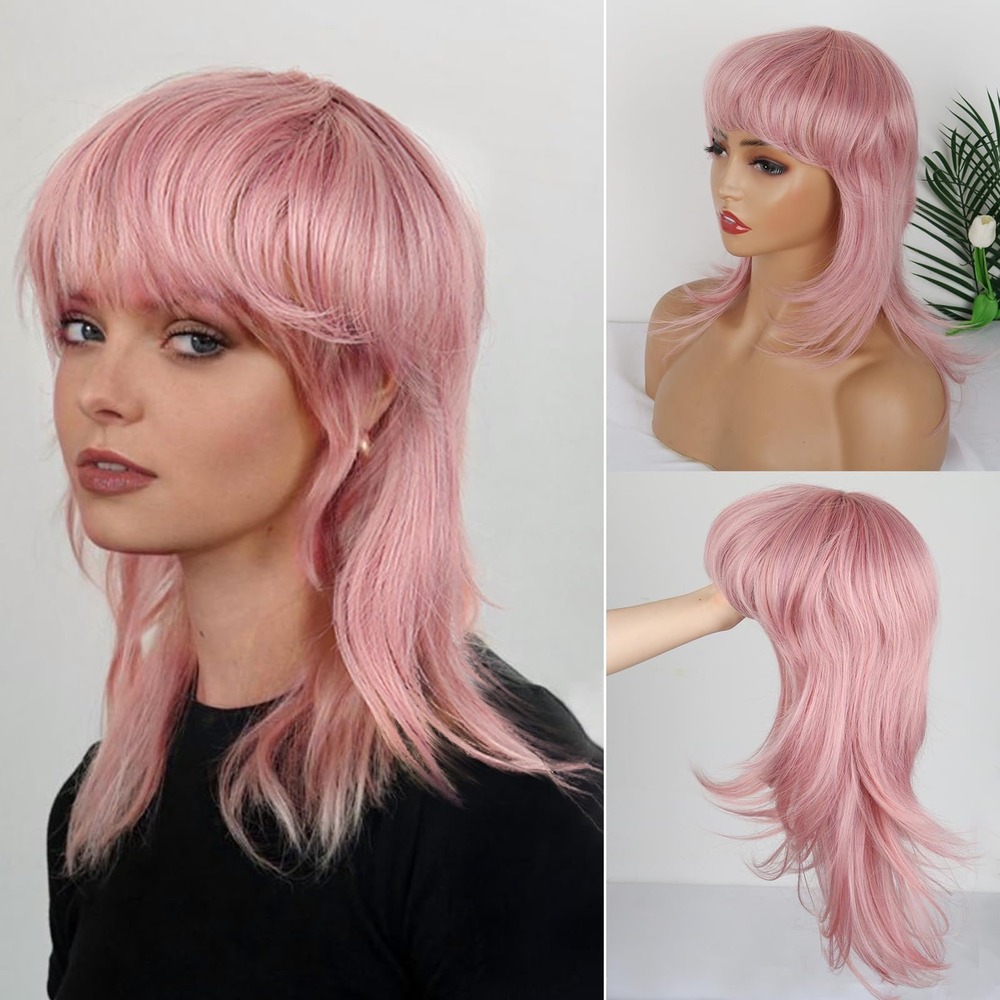 NWT Liyouda Pink Wolf Cut Mullet Wig Synthetic Cosplay Wigs w/ Bangs 14"
